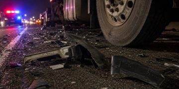 Close-up of damaged vehicle debris beside a big rig tire on freeway pavement at night.