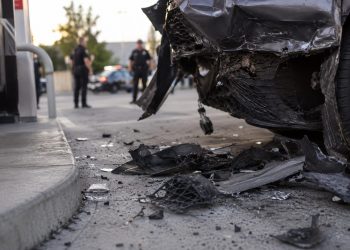 Close-up of damaged vehicle panels and scattered debris near a gas station driveway, with blurred officers standing farther back.