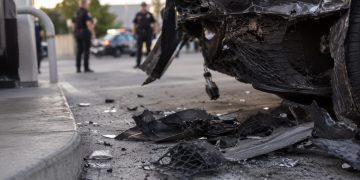 Close-up of damaged vehicle panels and scattered debris near a gas station driveway, with blurred officers standing farther back.