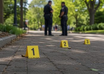 Close-up of evidence markers on a park walkway, with two blurred officers and a few distant visitors in the background.