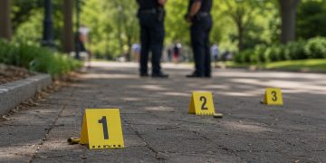 Close-up of evidence markers on a park walkway, with two blurred officers and a few distant visitors in the background.