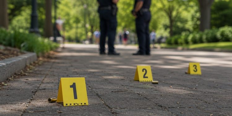 Close-up of evidence markers on a park walkway, with two blurred officers and a few distant visitors in the background.