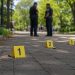 Close-up of evidence markers on a park walkway, with two blurred officers and a few distant visitors in the background.