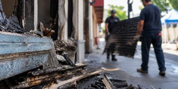Close-up of fire-damaged storefront materials being cleared from a sidewalk, with two blurred workers carrying debris in the background.