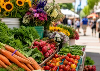 Close-up of fresh produce and flowers arranged beneath farmers market tents along a pedestrian shopping street.