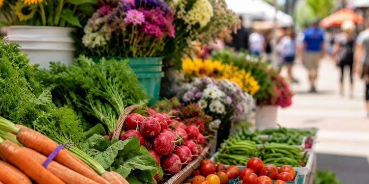 Close-up of fresh produce and flowers arranged beneath farmers market tents along a pedestrian shopping street.