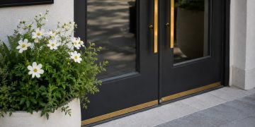 Close-up of freshly painted storefront doors, new planters and clean pavement outside a renovated shopping area.