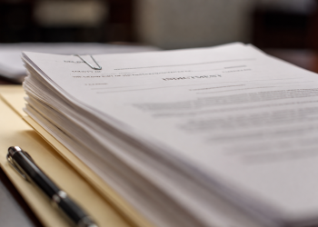 Close-up of legal documents labeled “indictment” resting on a manila folder beside a pen.