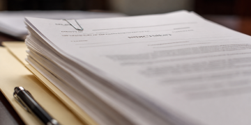 Close-up of legal documents labeled “indictment” resting on a manila folder beside a pen.