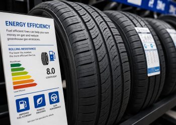 Close-up of new passenger vehicle tires on display beside an energy-efficiency information sheet.
