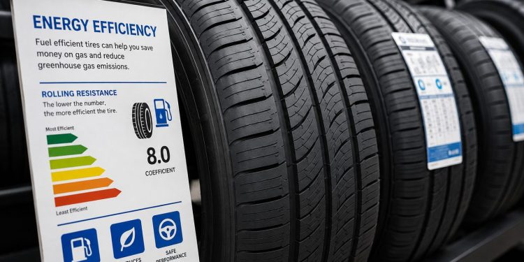 Close-up of new passenger vehicle tires on display beside an energy-efficiency information sheet.