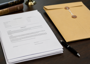 Close-up of official legal paperwork beside a pen and sealed manila folder on a desk.