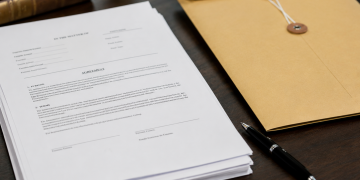 Close-up of official legal paperwork beside a pen and sealed manila folder on a desk.