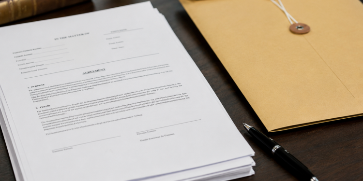 Close-up of official legal paperwork beside a pen and sealed manila folder on a desk.