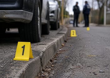 Close-up of police evidence markers near a curb and parked vehicles, with two blurred investigators standing farther down the street.