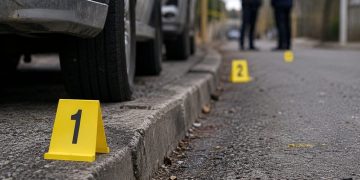 Close-up of police evidence markers near a curb and parked vehicles, with two blurred investigators standing farther down the street.
