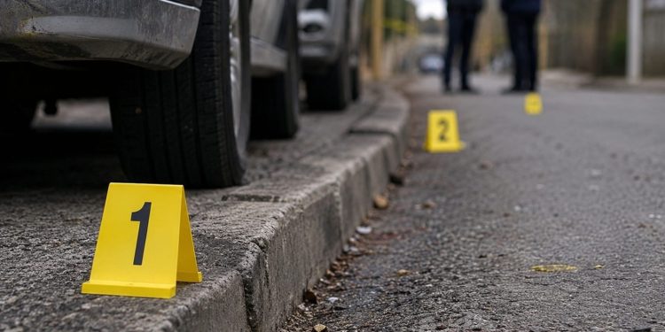 Close-up of police evidence markers near a curb and parked vehicles, with two blurred investigators standing farther down the street.