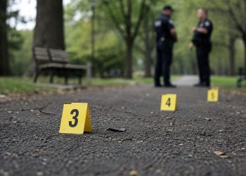Close-up of police evidence markers near a park walkway with blurred officers standing in the background.