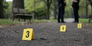 Close-up of police evidence markers near a park walkway with blurred officers standing in the background.