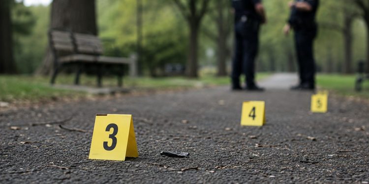 Close-up of police evidence markers near a park walkway with blurred officers standing in the background.