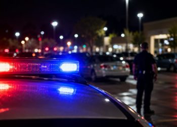 Close-up of police lights reflecting across a grocery store parking lot at night, with a blurred officer standing near parked cars.