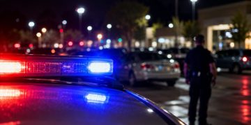 Close-up of police lights reflecting across a grocery store parking lot at night, with a blurred officer standing near parked cars.