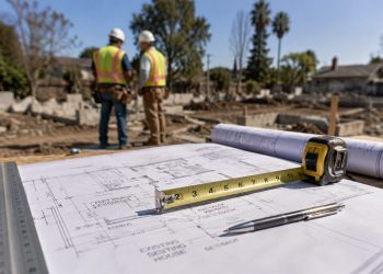 Close-up of residential rebuilding plans and measuring tools on a cleared lot, with two blurred construction workers standing in the background.