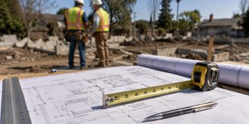 Close-up of residential rebuilding plans and measuring tools on a cleared lot, with two blurred construction workers standing in the background.
