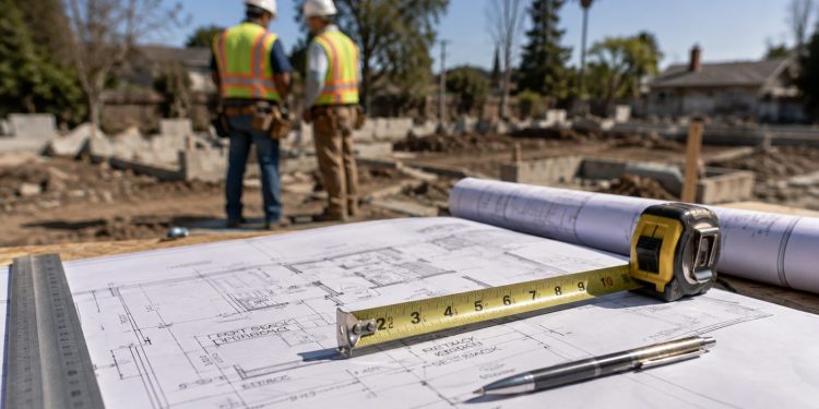 Close-up of residential rebuilding plans and measuring tools on a cleared lot, with two blurred construction workers standing in the background.