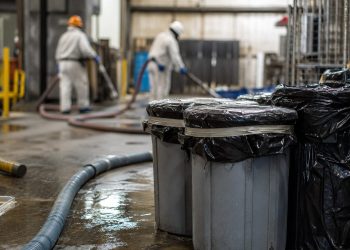 Close-up of sealed waste containers and cleanup hoses on an industrial floor, with two blurred workers moving equipment in the background.