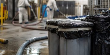 Close-up of sealed waste containers and cleanup hoses on an industrial floor, with two blurred workers moving equipment in the background.
