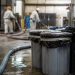Close-up of sealed waste containers and cleanup hoses on an industrial floor, with two blurred workers moving equipment in the background.