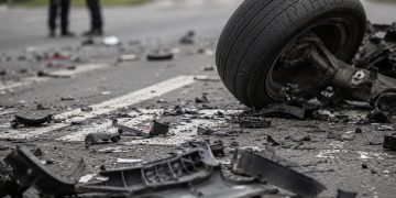 Close-up of shattered vehicle debris and an overturned car wheel at an intersection, with two blurred investigators standing near the roadway.