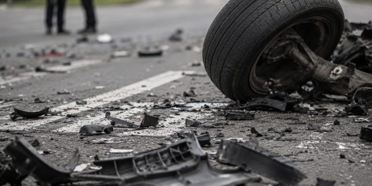 Close-up of shattered vehicle debris and an overturned car wheel at an intersection, with two blurred investigators standing near the roadway.