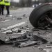Close-up of shattered vehicle debris and an overturned car wheel at an intersection, with two blurred investigators standing near the roadway.