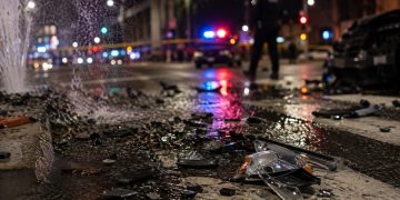 Close-up of shattered vehicle debris and water flowing across an intersection at night, with a blurred officer and emergency lights in the background.