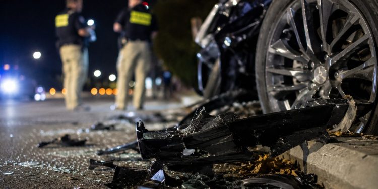 Close-up of shattered vehicle debris beside a damaged wheel at night, with two blurred investigators standing near the roadway in the background.