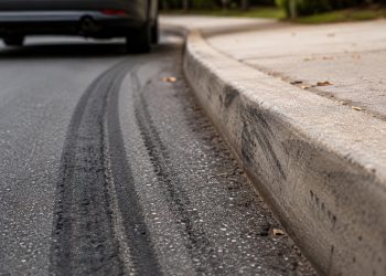 Close-up of tire marks beside a curb with a blurred vehicle and sidewalk in the background.