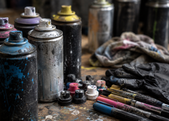 Close-up of used spray paint cans, paint markers, loose nozzles, gloves and a stained rag on a paint-splattered workbench, used as an illustrative image for a story about graffiti around a closed Hollywood restaurant.