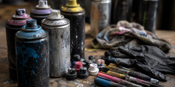 Close-up of used spray paint cans, paint markers, loose nozzles, gloves and a stained rag on a paint-splattered workbench, used as an illustrative image for a story about graffiti around a closed Hollywood restaurant.