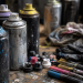 Close-up of used spray paint cans, paint markers, loose nozzles, gloves and a stained rag on a paint-splattered workbench, used as an illustrative image for a story about graffiti around a closed Hollywood restaurant.