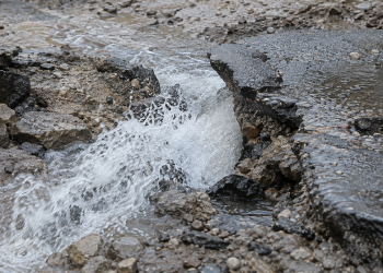 Close-up of water forcefully rushing through broken asphalt and muddy debris, used as an illustrative image for a Hollywood Hills water main break that damaged part of a roadway.