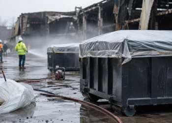 Covered industrial waste containers, hoses and cleanup crews at a fire-damaged industrial site, used as an illustrative image for warehouse fire cleanup and odor-control efforts in Boyle Heights.