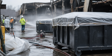 Covered industrial waste containers, hoses and cleanup crews at a fire-damaged industrial site, used as an illustrative image for warehouse fire cleanup and odor-control efforts in Boyle Heights.