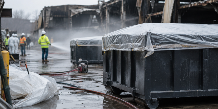 Covered industrial waste containers, hoses and cleanup crews at a fire-damaged industrial site, used as an illustrative image for warehouse fire cleanup and odor-control efforts in Boyle Heights.