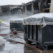Covered industrial waste containers, hoses and cleanup crews at a fire-damaged industrial site, used as an illustrative image for warehouse fire cleanup and odor-control efforts in Boyle Heights.