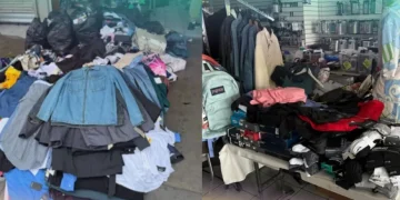 Stolen good are seen inside and outside a storefront in L.A.’s MacArthur Park area in August 2026.