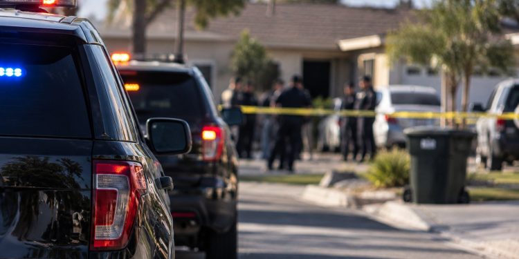 Blurred police vehicles and officers outside a San Bernardino home during an officer-involved shooting investigation, with the residential street in the background.