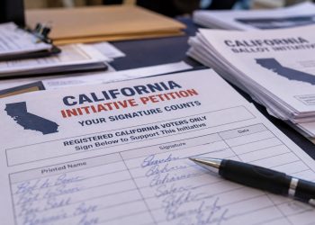 Close-up of California ballot initiative petitions and signature forms on a table, with blurred paperwork and a pen illustrating an alleged election fraud investigation.