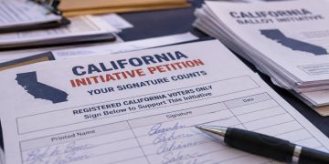 Close-up of California ballot initiative petitions and signature forms on a table, with blurred paperwork and a pen illustrating an alleged election fraud investigation.